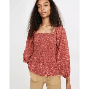 Madewell Lucie Smocked Peplum Top Red Floral Size 6 Square Neck Balloon Sleeve